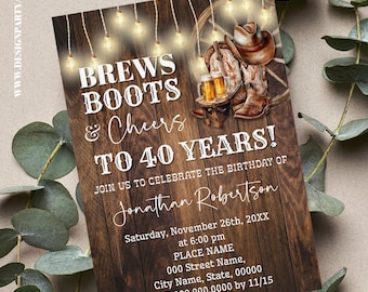 Rustic Western Beer Boots & Cheers Birthday Invitation (Edit with Canva Digital Invite) CP1020-301