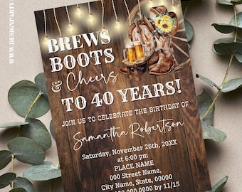 Sunflowers Boots, Beer and Cheers Western Birthday Invitation, Country Birthday Invite (Edit with Canva) CP1020-302