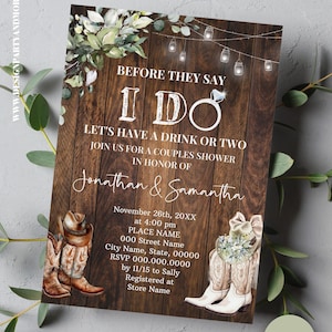 Western Before I do Couples Shower Cowboy Boots Greenery Invitation (Edit with Canva) CW1121-311