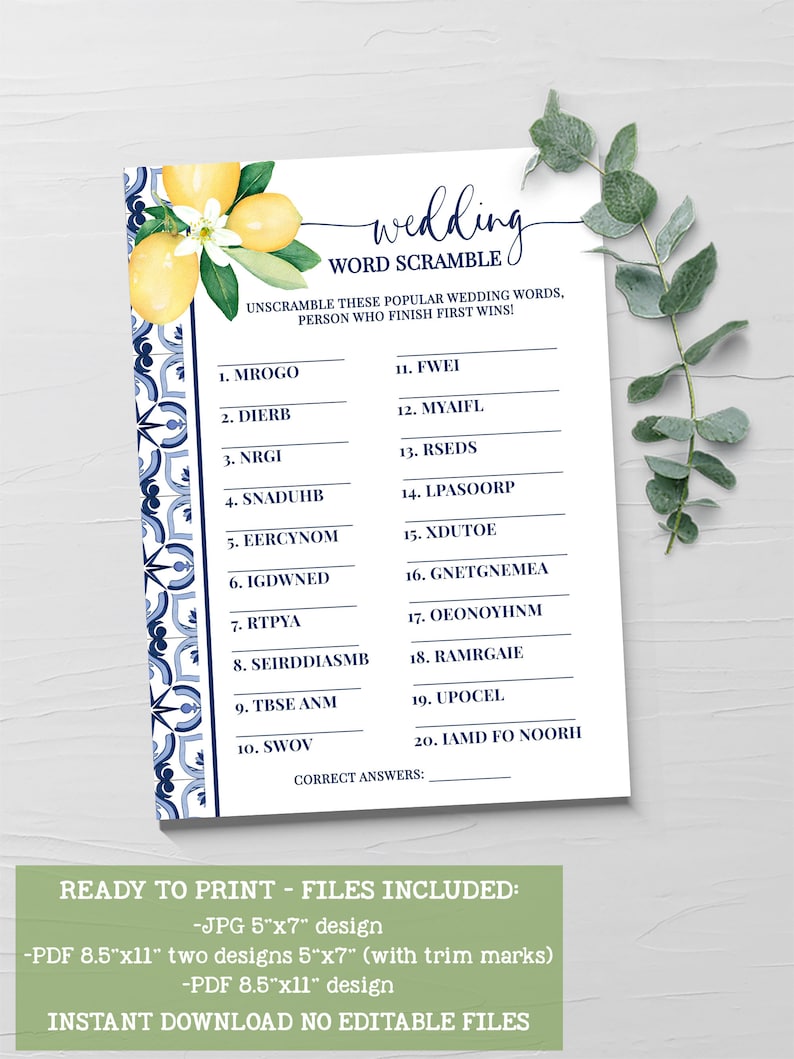 Wedding Word Scramble Bridal Shower Game, Blue Mediterranean Lemons ...