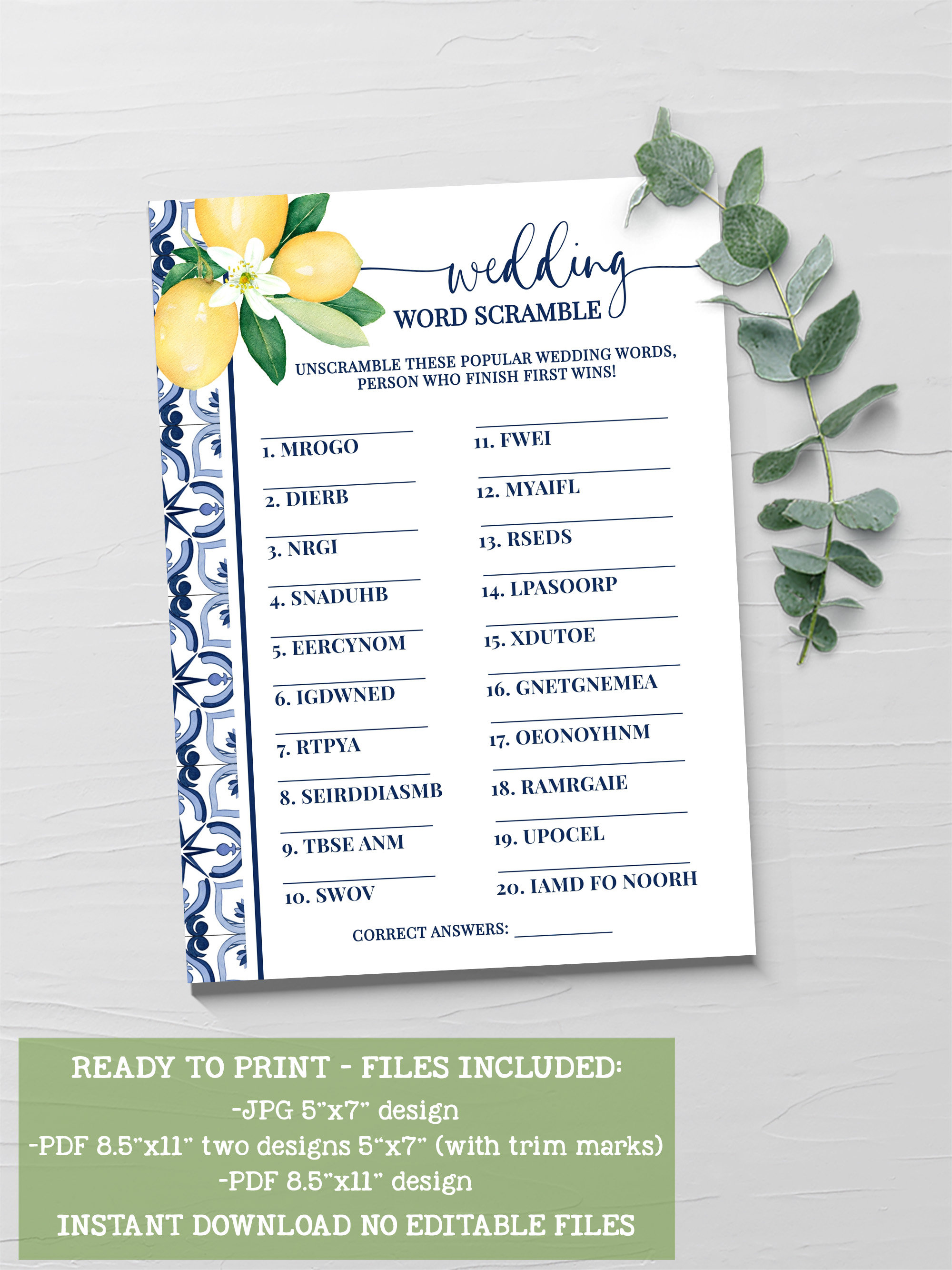Wedding Word Scramble Bridal Shower Game, Blue Mediterranean Lemons ...