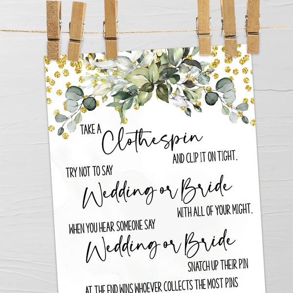 Clothespin Don't Say Bride Bridal Shower Game, Greenery Gold Eucalyptus Rustic Wedding Shower Ready to Print No Editable Game 28WG-213