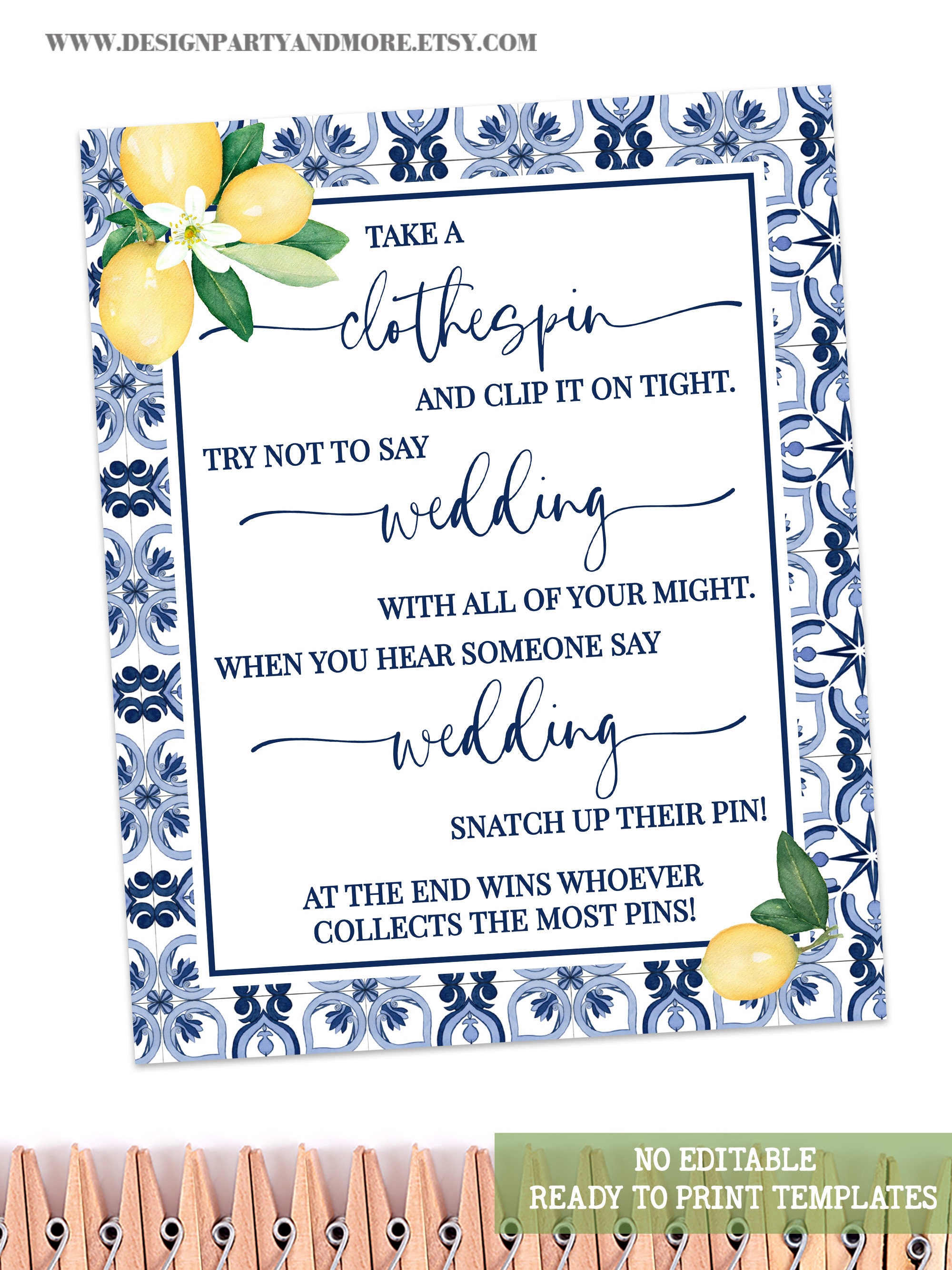 Clothespin Don't Say Bride Bridal Shower Game, Blue Mediterranean ...