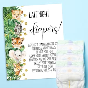 Jeu de couches Safari Late Night, laissez un mot à maman et papa, jeu de baby shower, Wild One Baby Shower, prêt à imprimer sans jeu modifiable 24BG-400