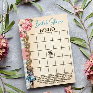 Juego de bingo para despedida de soltera, juego de adivinanzas de regalo, juego de despedida de soltera de Alicia en el País de las Maravillas, listo para imprimir, plantilla de juego no editable 01WG-500