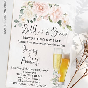 Pink Floral Bubbles & Brews Couples Wedding Shower Invitation (Editable with Corjl) W03-202