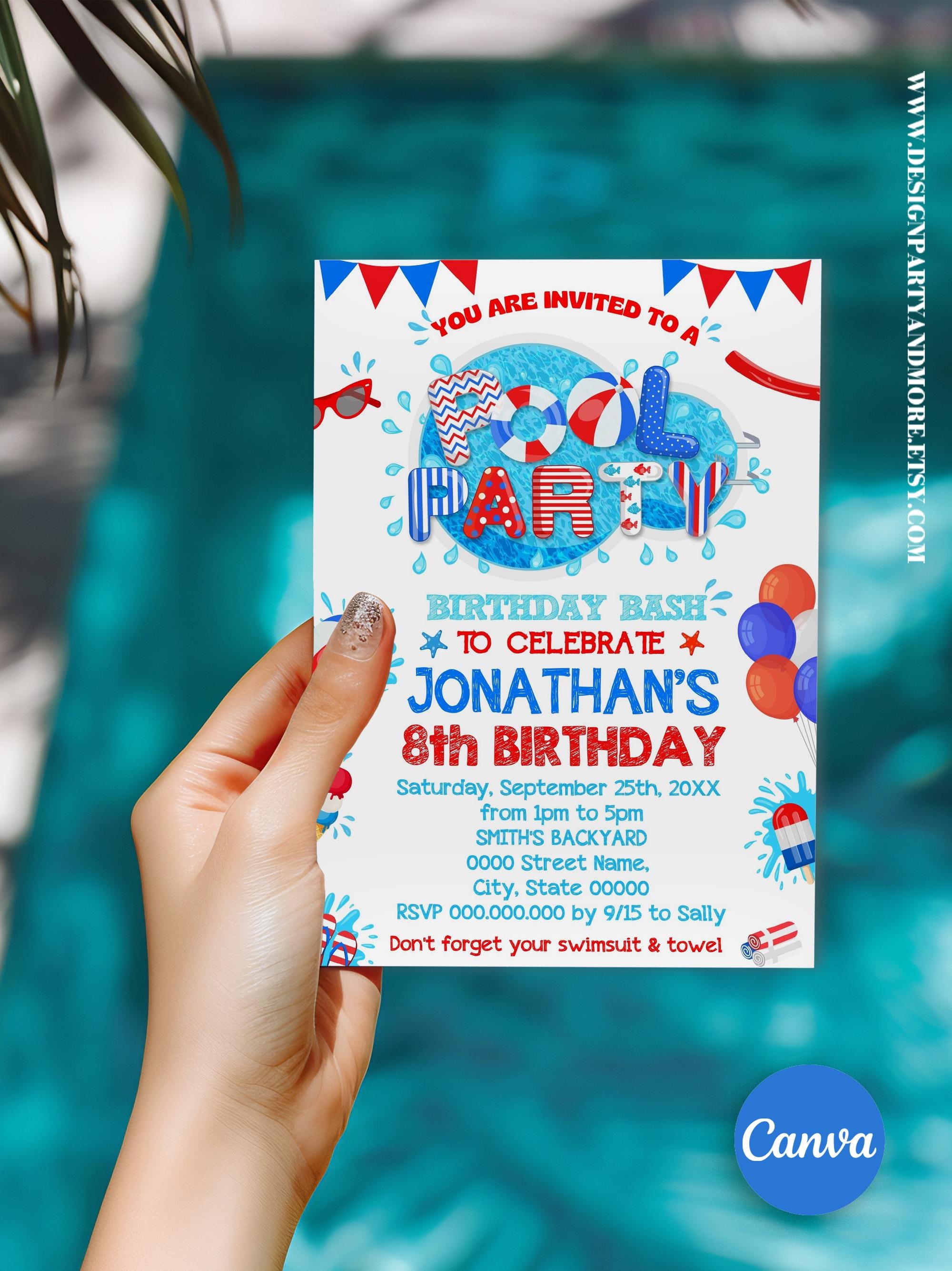 Pool Party Birthday Red, White, Blue Invitation, Summer Pool Bash ...