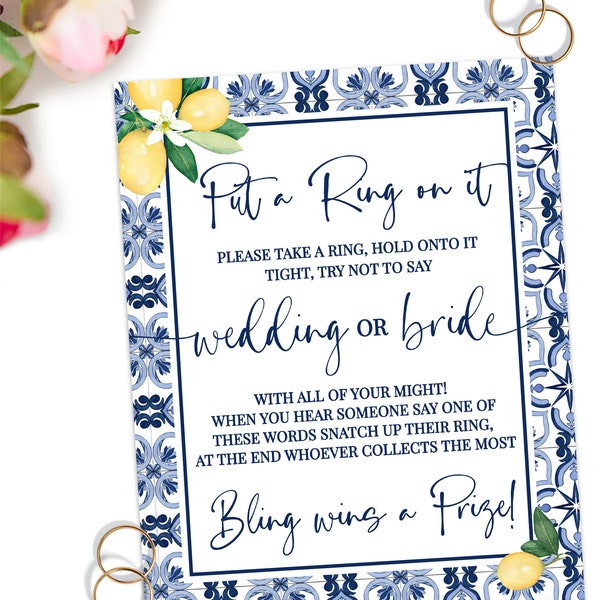 Put a Ring on it Bridal Shower Game, Don't Say Bride Game, Blue Mediterranean Lemons Wedding Shower Ready to Print No Editable Game 30WG-211