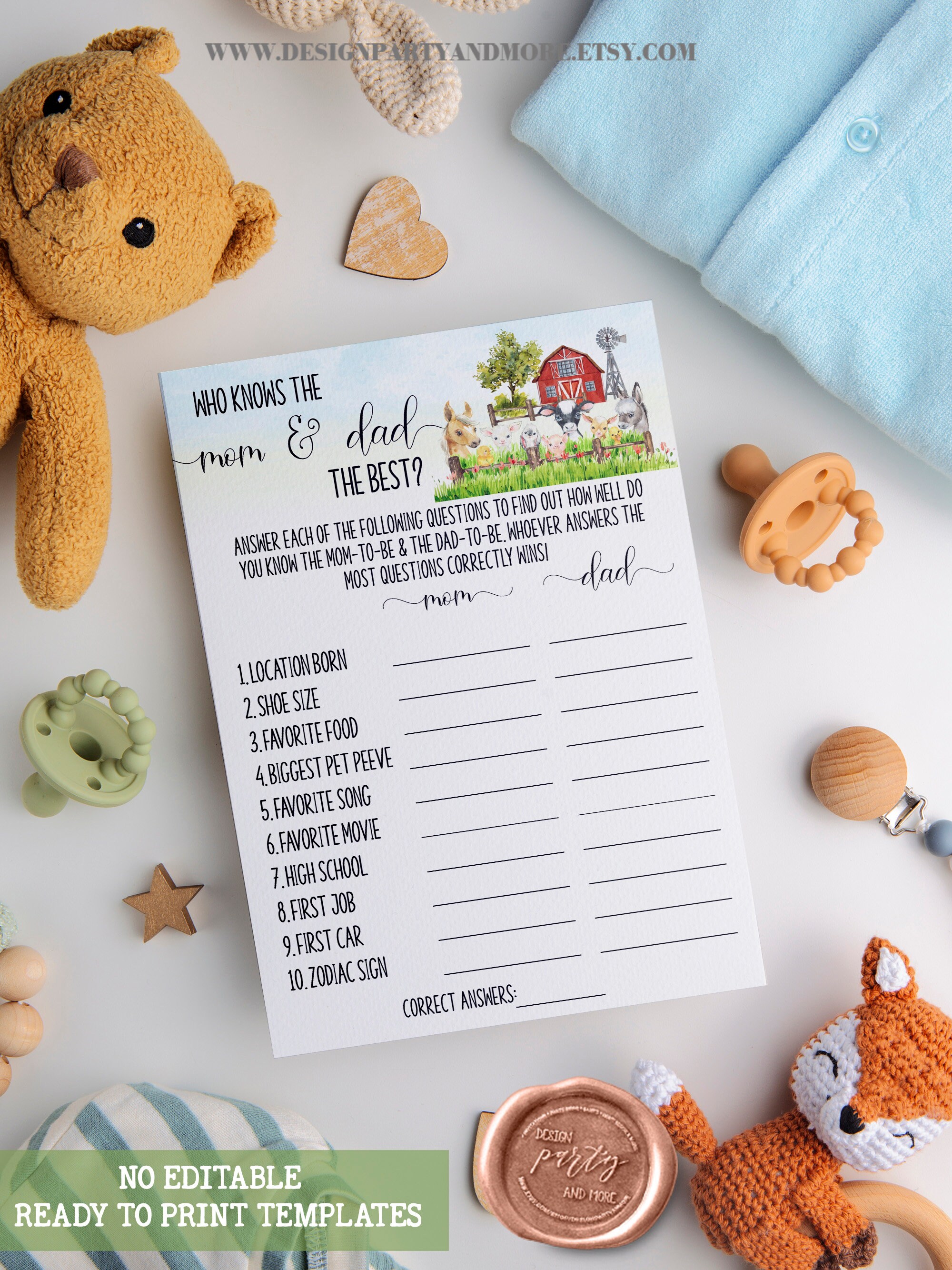 Farm Animals Baby Shower Game: Who Knows Mom & Dad (Printable)  36BG-401
