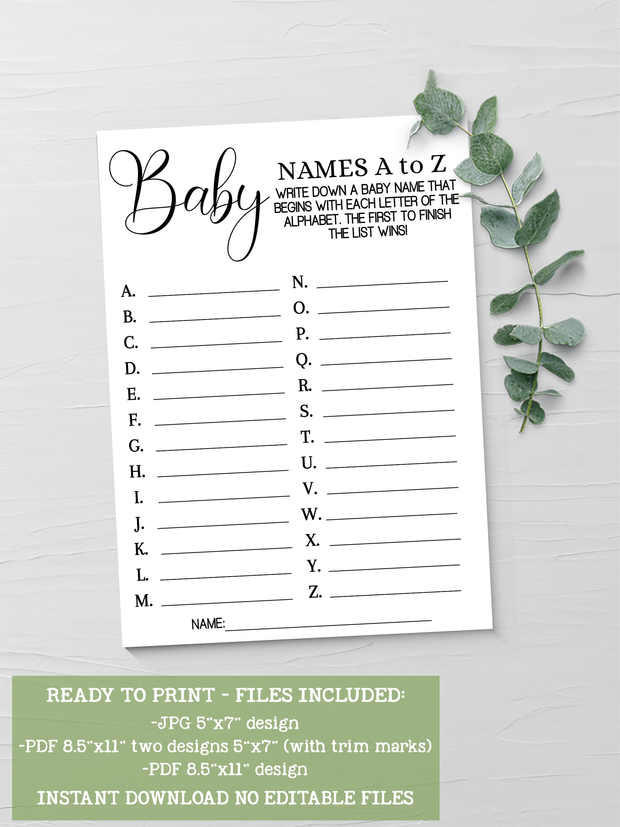 Baby Names A to Z Baby Shower Game, Minimalist Baby Shower Game, List ...