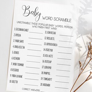 Minimalist Baby Word Scramble Game Baby Shower Activity (Printable) 11BG-1200