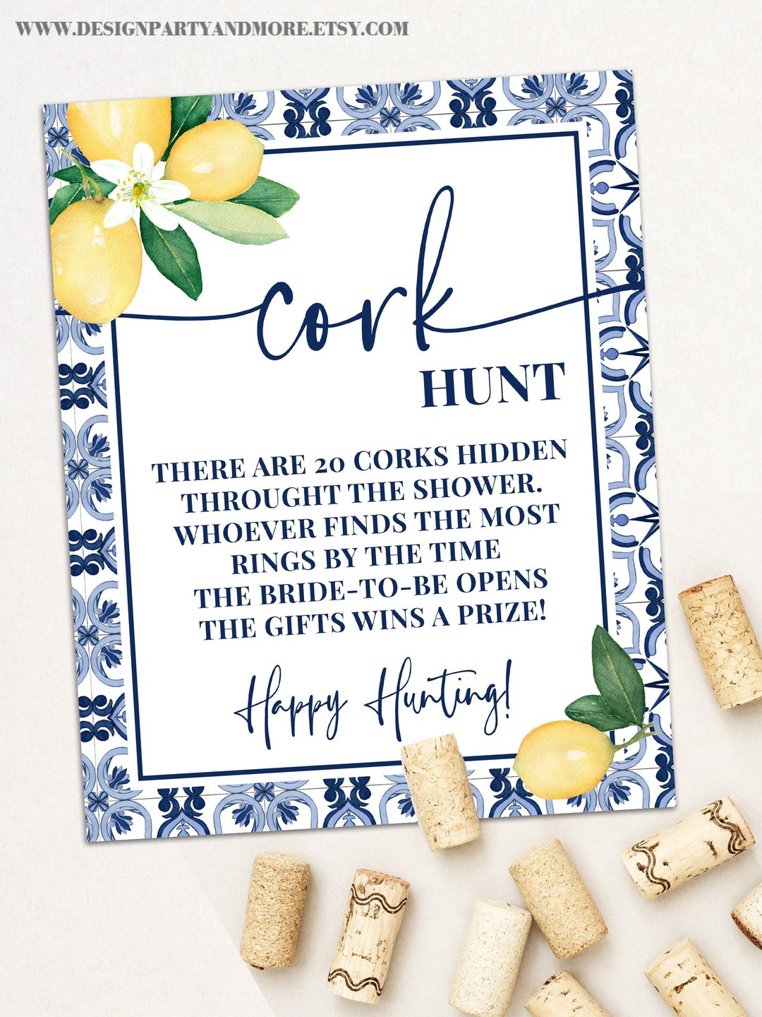 Cork Hunt Bridal Shower, Find the Corks Game, Blue Mediterranean Lemons ...