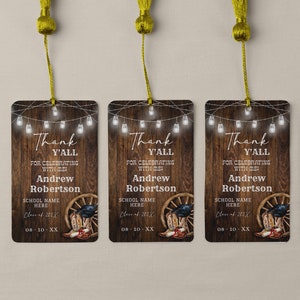 Etiqueta de agradecimento para festa de formatura, etiqueta de botas de cowboy country, etiqueta de faroeste, modelo de etiqueta de madeira rústica editável que você edita com Corjl TP1019-308