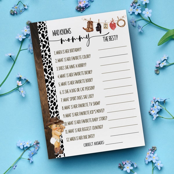 Cowboy Who Knows Mommy The Best Baby Shower Game, Cow Country Western Cowboy Baby Shower Game, Ready to Print No Editable Game 06BG-502