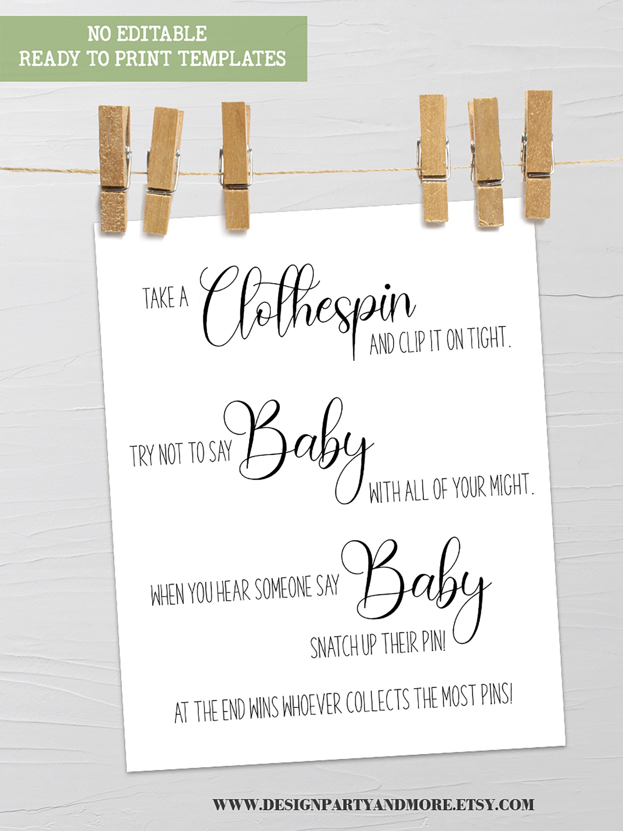 Don't Say Baby Shower Game, Clothespin Baby Shower Game, Minimalist ...