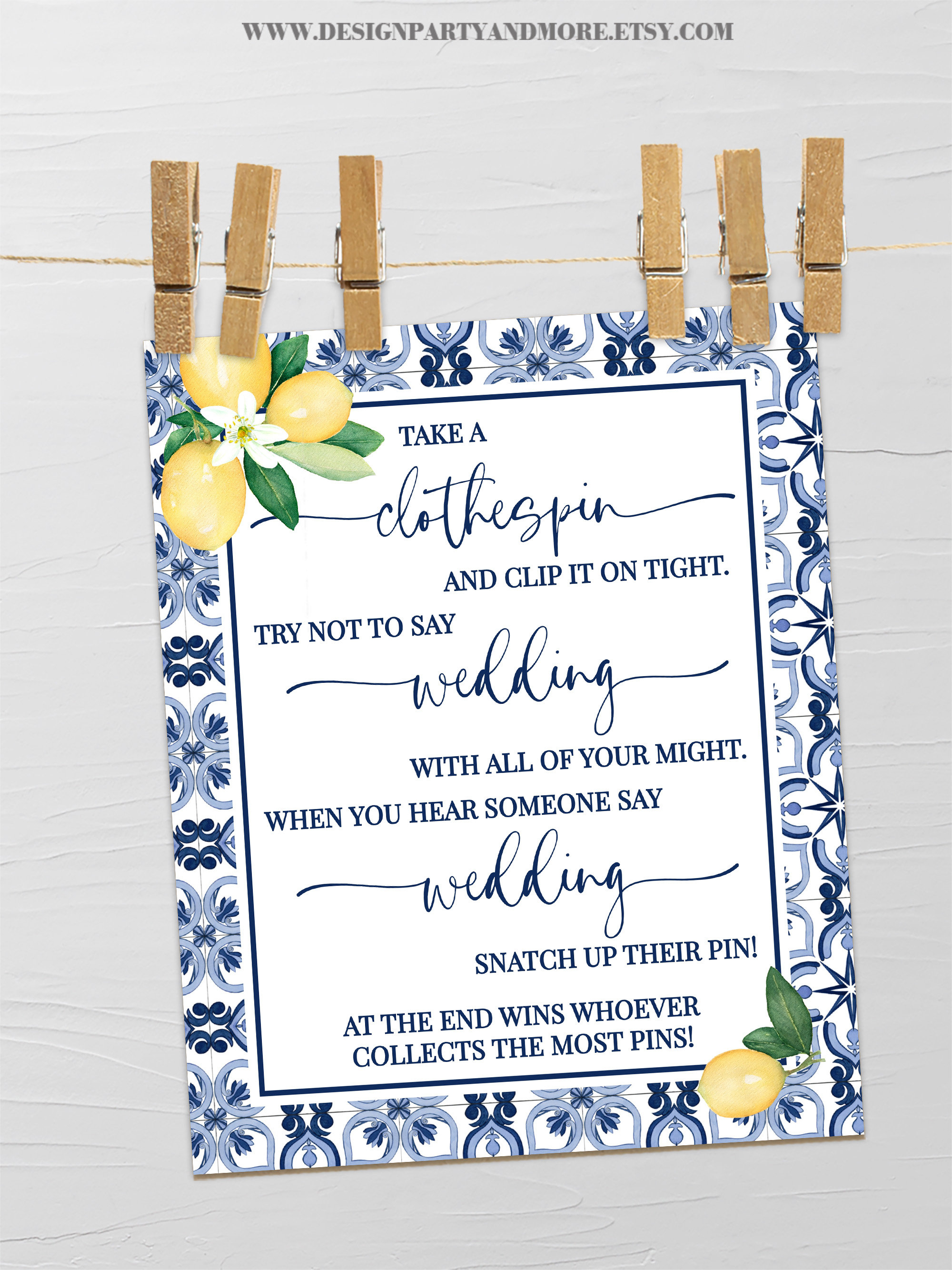 Clothespin Don't Say Bride Bridal Shower Game, Blue Mediterranean ...