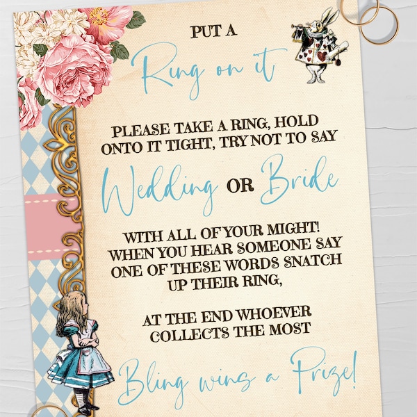 Put a Ring on it Bridal Shower Game, Don't Say Bride Alice in Wonderland Shabby Wedding Shower Ready to Print No Editable Game 30WG-500