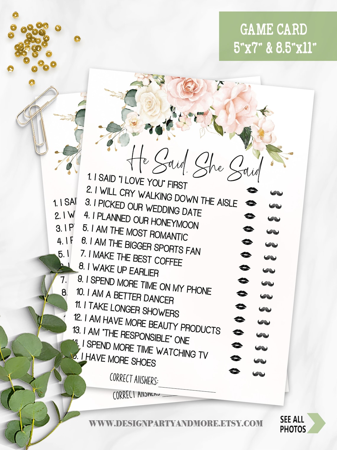 He Said She Said Bridal Shower Game, Pink Flowers Boho Country Western
