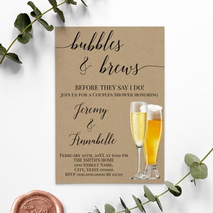 Rustic Bubbles & Brews Couples Shower Invitation (Edit with Corjl) W03-300