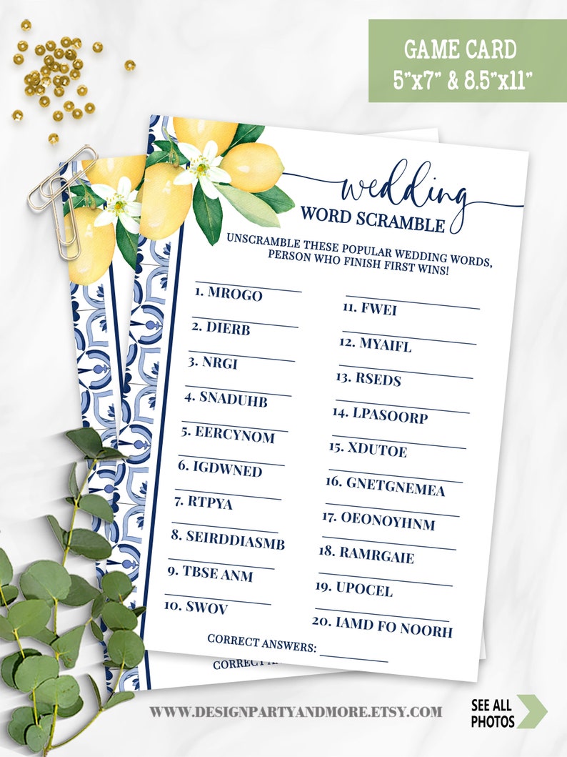Wedding Word Scramble Bridal Shower Game, Blue Mediterranean Lemons ...