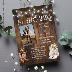 We Still Do BBQ Western Wedding Anniversary Invitation, Rustic Country Renewal Vows Wedding Vows Modificabile Invito Modificabile con Corjl W118-307