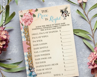 Op de afbeelding: Een printbare babyshower-spelkaart met een sprookjesachtig Alice in Wonderland-thema. De kaart bevat een lijst met babybenodigdheden met lege vakjes om de prijs te raden. De tekst "The Price is Right" is geschreven in een decoratief lettertype.