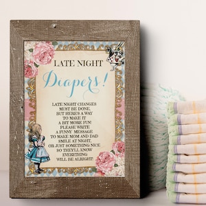 Jeu de couches de fin de soirée, laissez un mot à maman et papa, baby shower d'Alice au pays des merveilles, prêt à imprimer sans jeu modifiable 24BG-1500