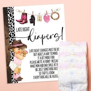 Jeu de baby shower avec couches Cowgirl, laissez un mot à maman et papa Jeu de baby shower rose occidental prêt à imprimer sans jeu modifiable 24BG-501