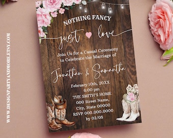 Pink Floral Nothing Fancy Just Love Rustic Western Wedding Invitation (Edit with Canva) CW1005-309