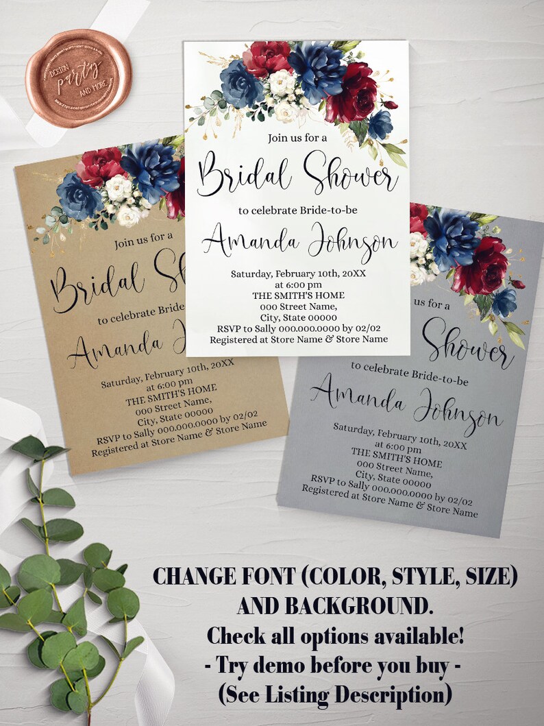 Navy Floral Bridal Shower Invitation Navy Burgundy Flowers Etsy
