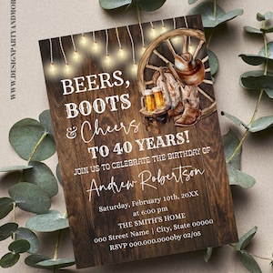 Invito per festa di compleanno western con stivali da birra e brindisi, invito digitale modificabile in legno rustico country da cowboy Modifica con Corjl P120-301