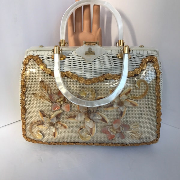 Gorgeous Tropic 60’s  Shell Pearly Lucite Handle Wicker Bag
