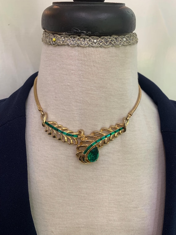 CoroCraft / Adolph Katz Emerald Green and Gold-Tone Feather Necklace