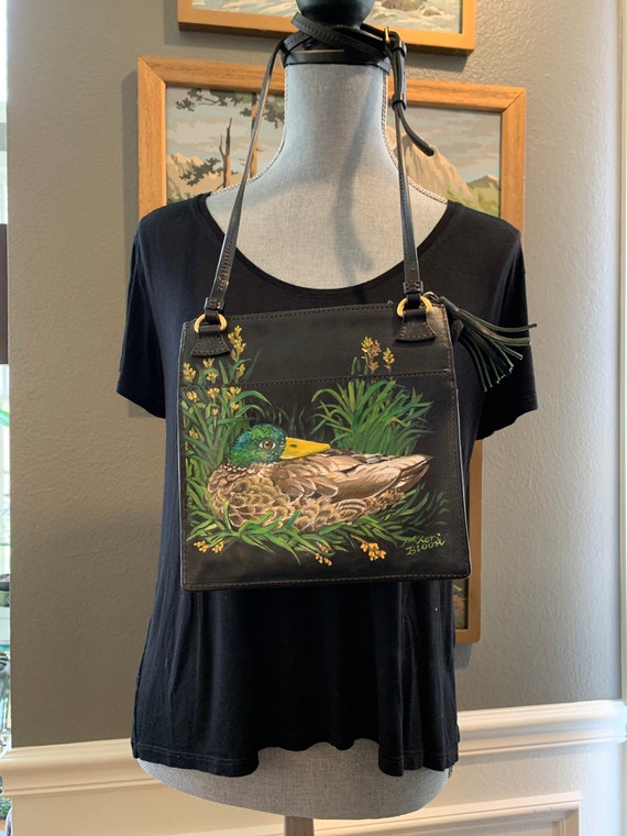 Hand Painted  Leather Cross Body Bag- Duck