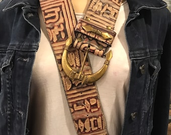 Vintage Billy Belts California Egyptian Hieroglyphics Wide Leather Belt … Vintage Wide Egyptian Hieroglyphic Brass and Leather “billy  main image 2