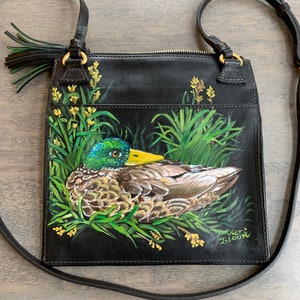 Hand Painted  Leather Cross Body Bag- Duck