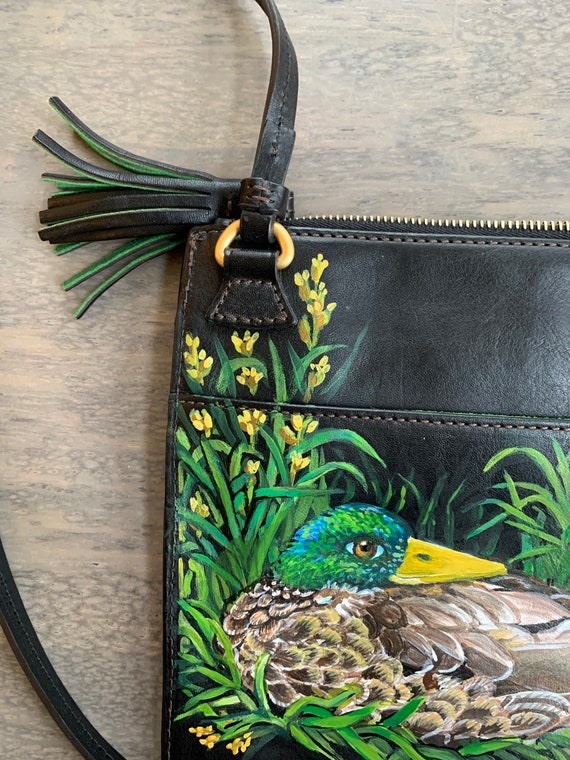 Hand Painted  Leather Cross Body Bag- Duck - image 8