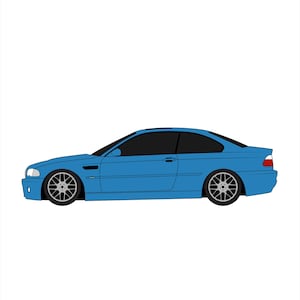 May include: A side profile illustration of a light blue coupe car with black tinted windows and silver rims. The car is lowered and has a sporty appearance. The background is plain white.
