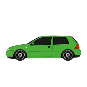 May include: A green hatchback car illustration. The car has black tinted windows, silver rims, and a red taillight. The car is a two-door model and is set against a white background.