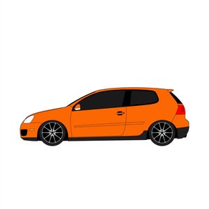 May include: Orange hatchback car illustration with black tinted windows and black and silver wheels. The car has a sporty design and is set against a white background. The car's headlights and taillights are visible.
