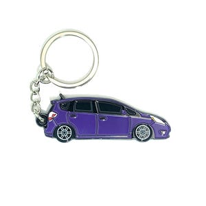 May include: A purple car-shaped keychain with a silver key ring and chain. The car has black windows and silver wheels. The keychain is a miniature replica of a hatchback car.