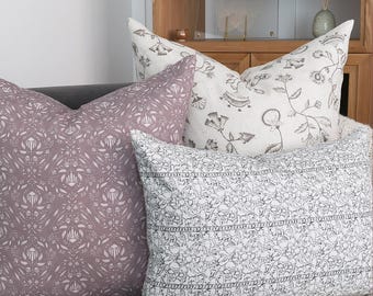 Three Pillow Set, Floral Block Print Sofa Shams in Mauve and Neutral, WILDFLOWER & WHIMSY