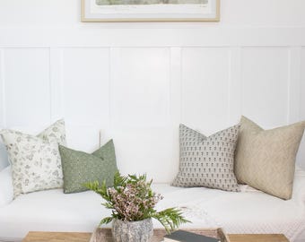 Four Pillow Set, Neutral Green Floral and Block Print Throw Combination, GARDEN GLOW
