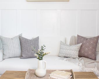 Four Pillow Set, Mauve Floral and Modern Gray Plaid Designer Sofa Shams, CALM CONTRAST