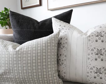 Three Pillow Set, Black Neutral Throws, Stripe Floral Sofa Trio, CLASSIC & COMPOSED