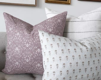 Three Pillow Set, Black Stripe and Mauve, Designer Floral Throw Cushion Combo, PETAL & PINSTRIPE