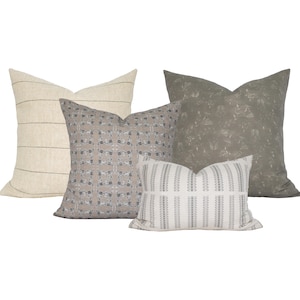 Neutral Pillow Set, Soft Rose and Beige Cushion Combo, Floral and Stripe Designer Sofa Shams, Four Pillow Cover Arrangement, SOFT SURROUND