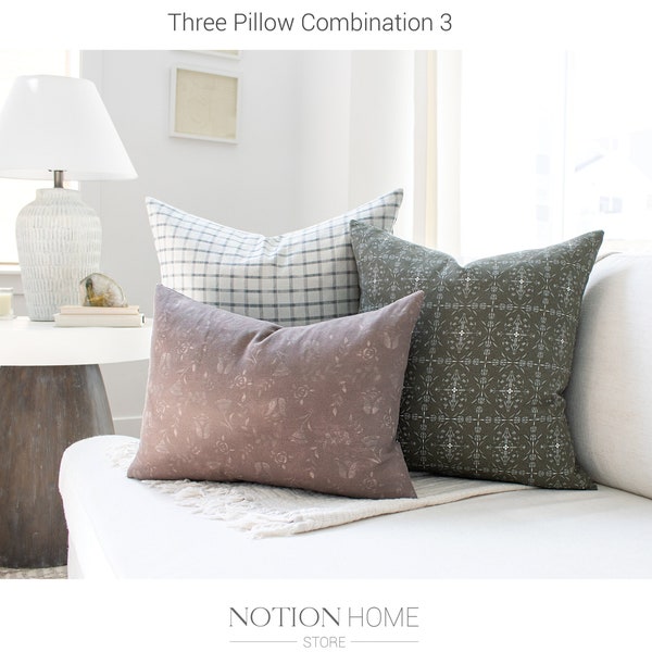 Winter Throw Pillow Cover Set, Decorative Pillow Combination, Mauve Lumbar Pillow, Three Pillow Sofa Set, Patterned Pillow Combo