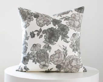 Neutral Floral Pillow Cover, Gray and White Pillow Cover, Designer Wildflower Pillow Cover, Throw Pillows 20x20, CASCADE FLORAL STONE