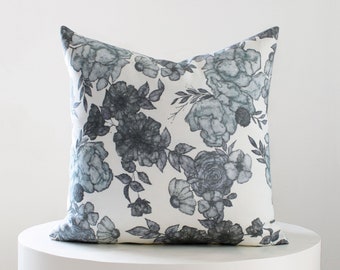 Blue Floral Pillow Cover, Blue and White Pillow Cover, Designer Pillow Cover, Throw Pillows 20x20, CASCADE FLORAL INDIGO